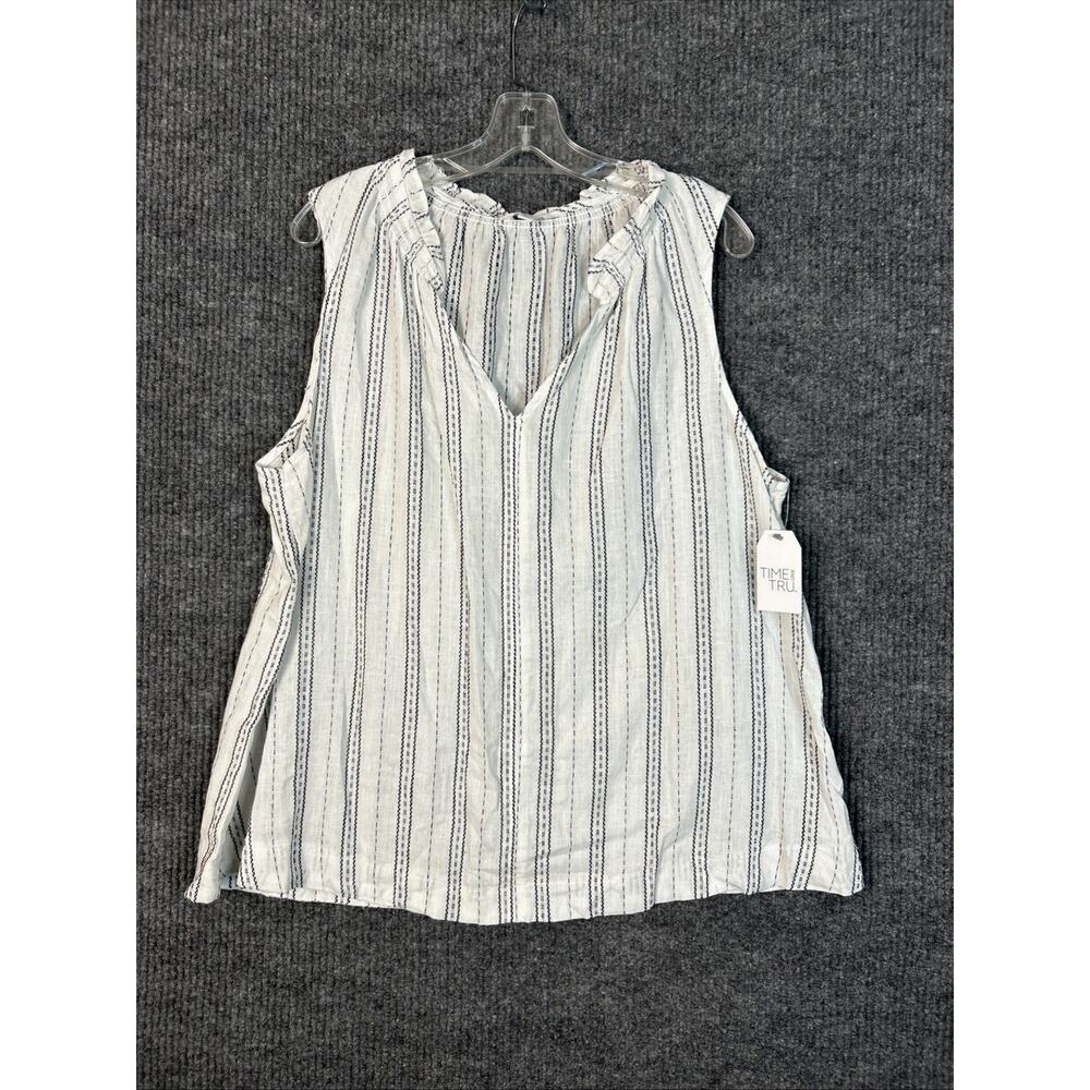 Time and Tru White and Navy Vertical Stripe Ruffle V-Neck Sleeveless Top - Picture 1 of 10